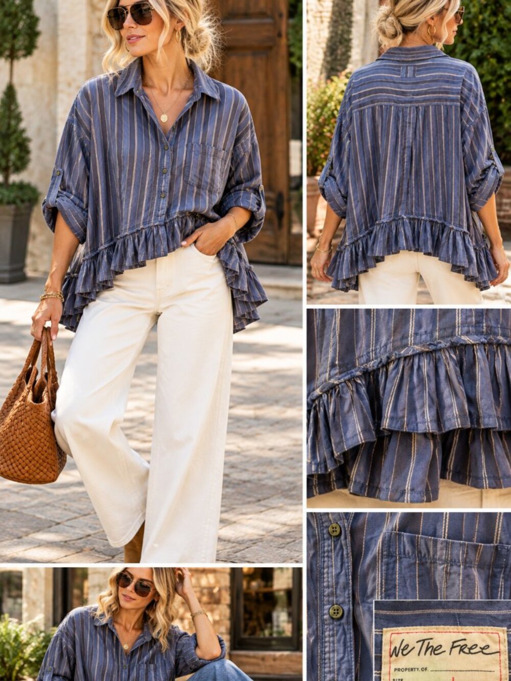 Free People We The Free Bailey Stripe Shirt L Ruffle Hem Oversized Blue